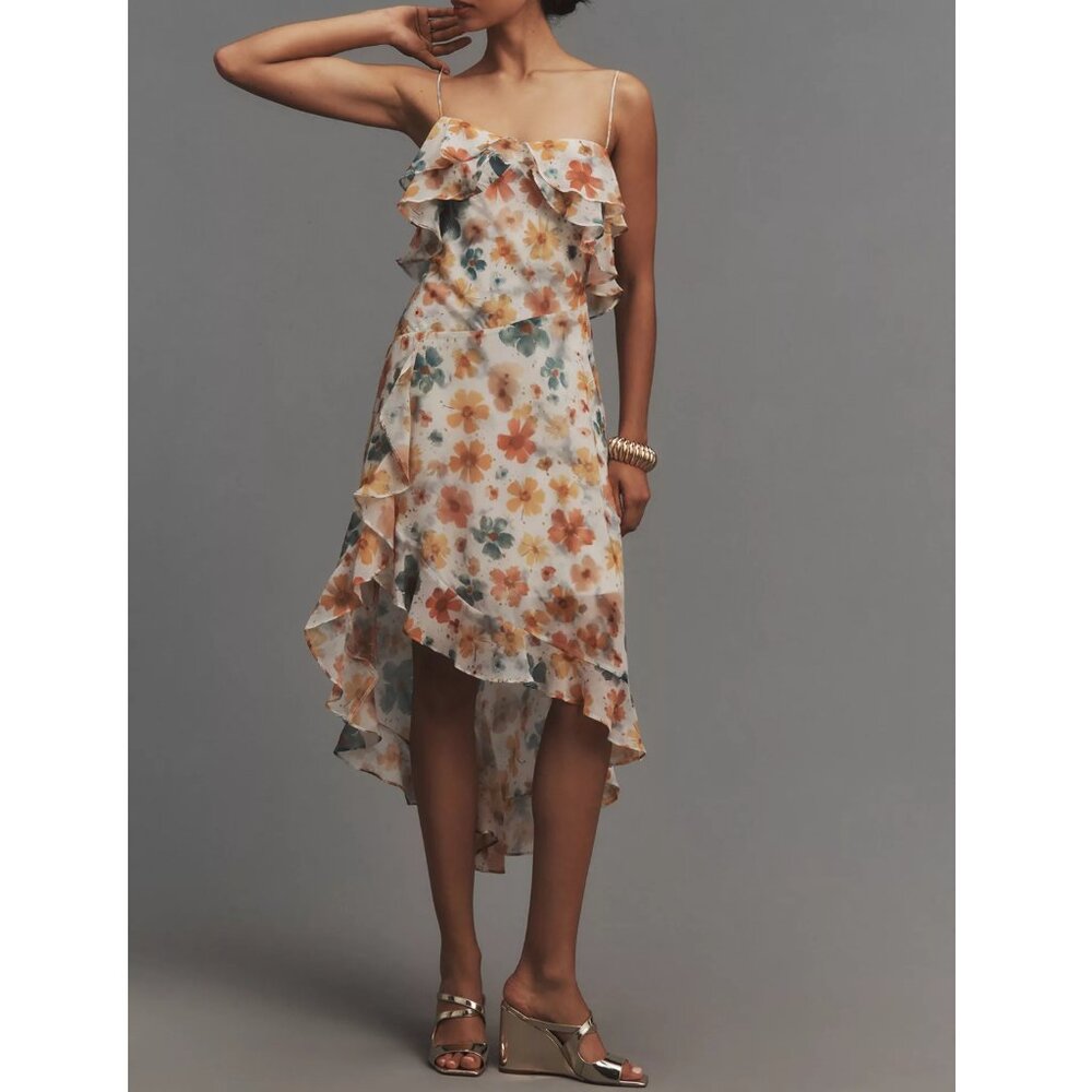 Anthropologie Sleeveless Asymmetric Ruffled Midi Dress XS